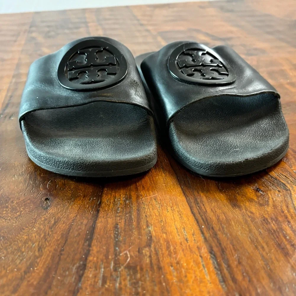 Tory Burch Miller Cloud Black Leather Logo Slide Sandals Womens Size 9